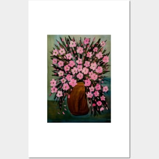 Some pink daisy In a gold and turquoise vase Posters and Art